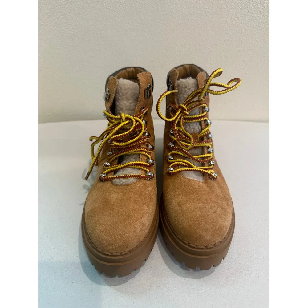 Marc Fisher LTD Izzie Suede Hiker Boots Tan‎ Shearling Trim Lug Sole Mens 8.5M